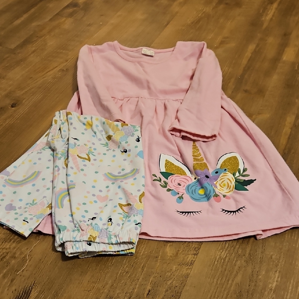 Unicorn Dress and Leggings Set - Pink and Multicolor